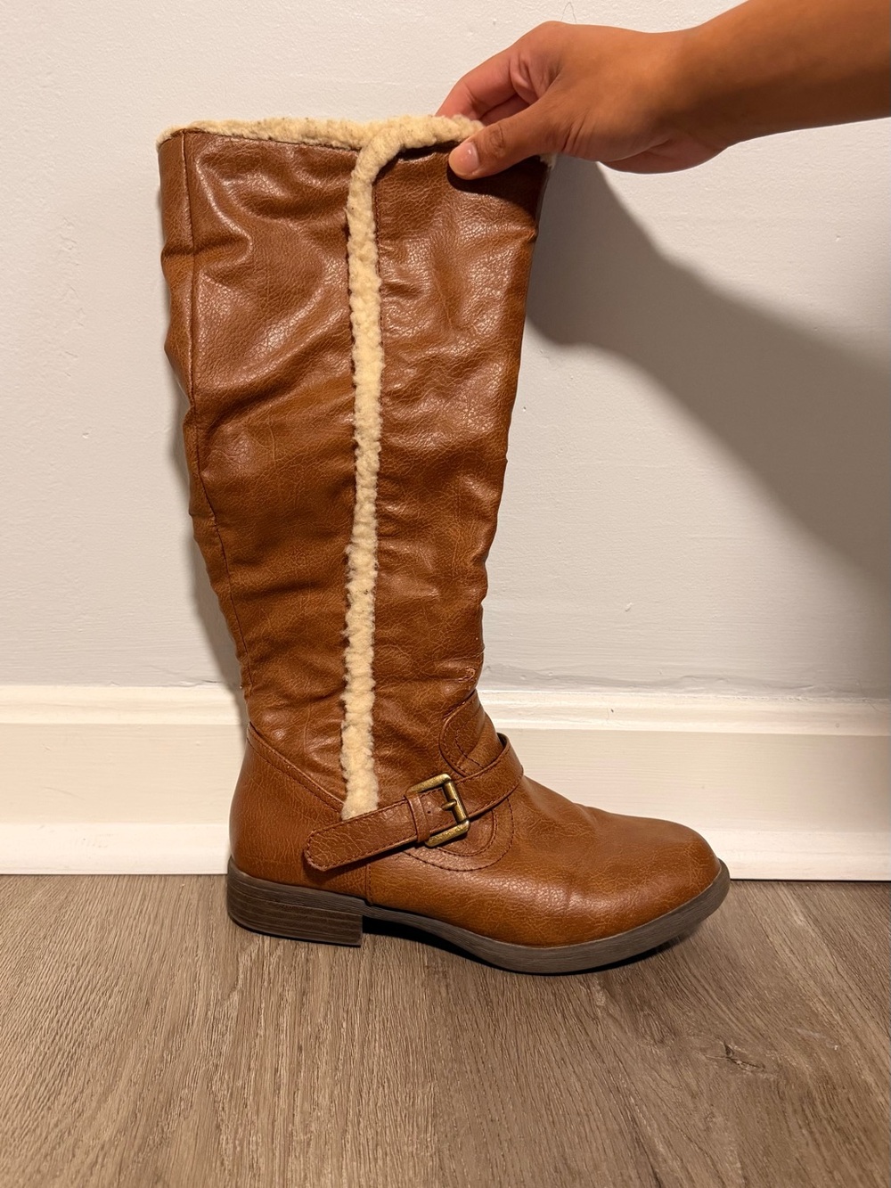 Brown Knee-High Faux-Leather Boots with Cream Shearling Trim